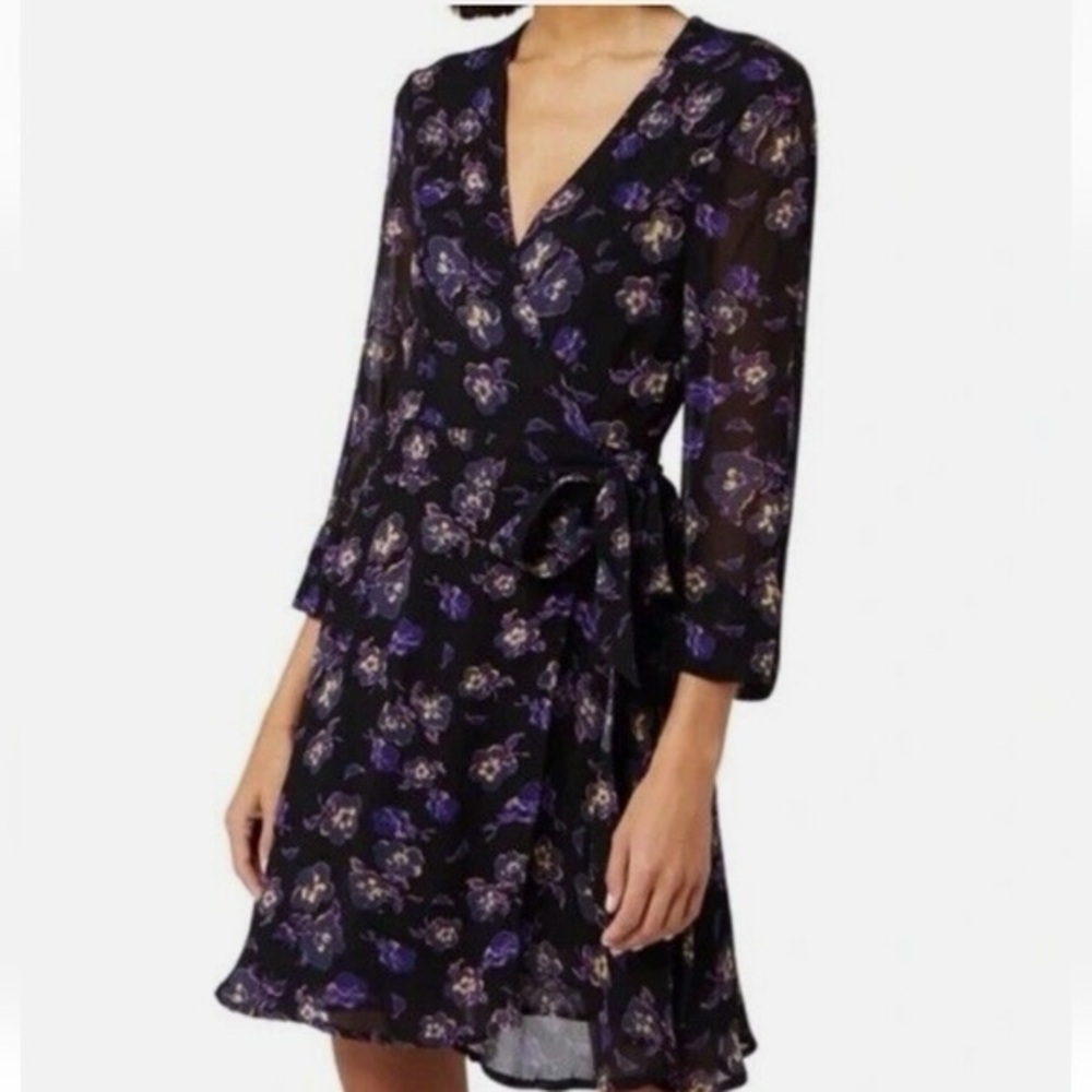 GANNI Georgette Floral Print Purple Black Long Sleeve Mini Wrap Dress Size 36
